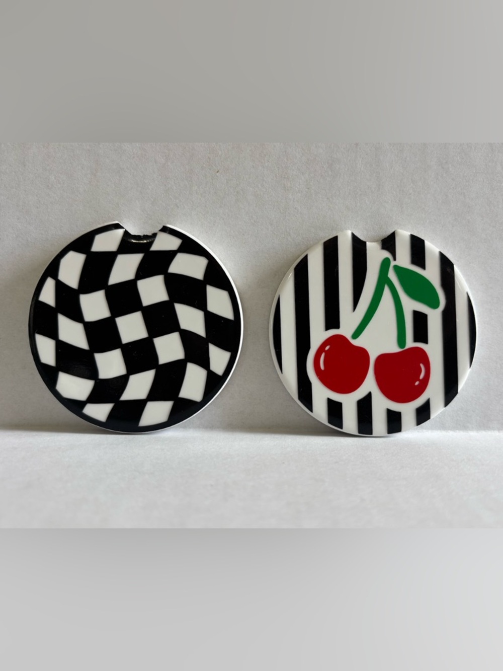 Handmade Ceramic Car Coasters | Black and White Designs | Cherry and Checker - Picture 3 of 3
